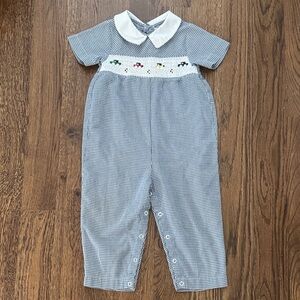 Talbots Kids Navy and White Gingham Romper with Embroidered Cars